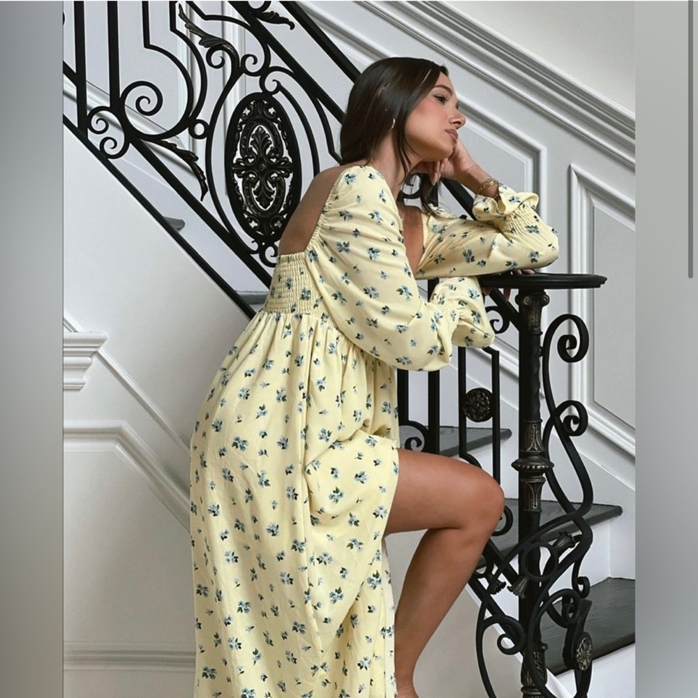 WeWoreWhat Yellow Floral Watercolor Ditsy Smocked Maxi Dress